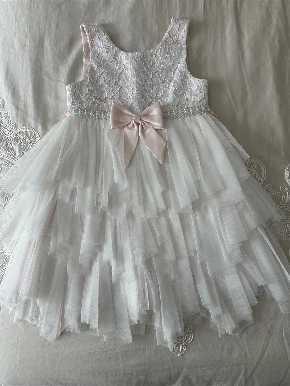 American Princess White Lace Tulle Dress with Pink Bow